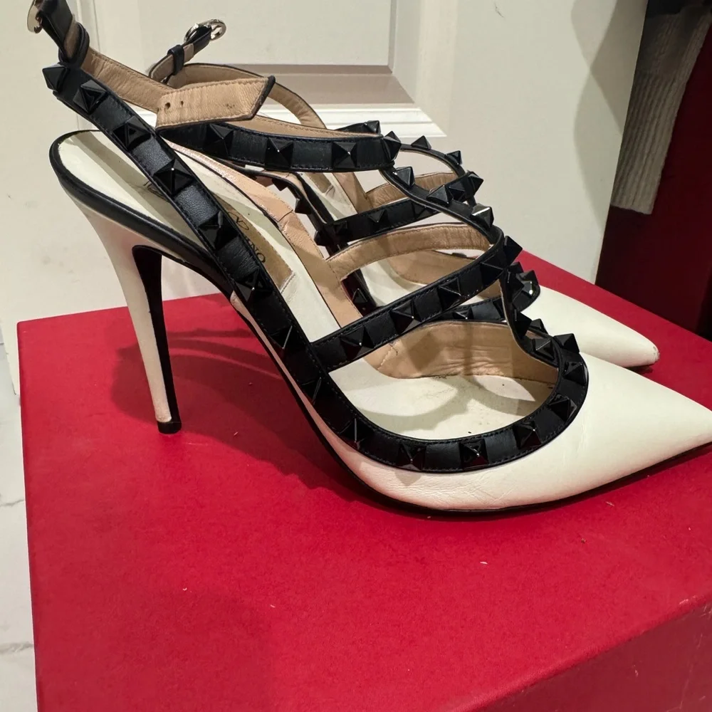 Valentino Women's Black and Cream Studded Heels - Picture 2 of 5